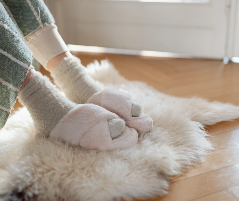 Persona con los pies fríos calentándose en la alfombra